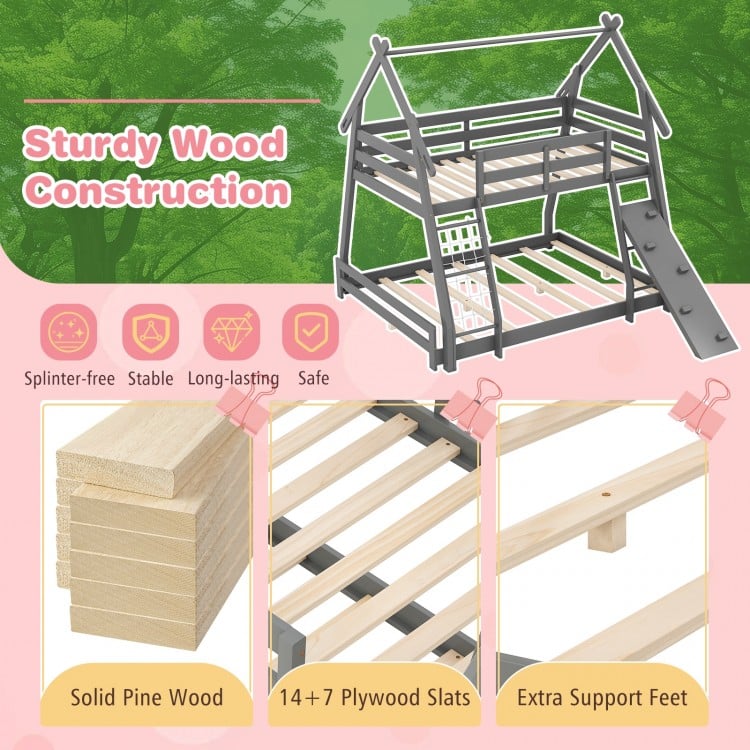 Twin Over Queen Bunk Bed Wooden Kids Bed with Climbing Nets and Ramp-Gray