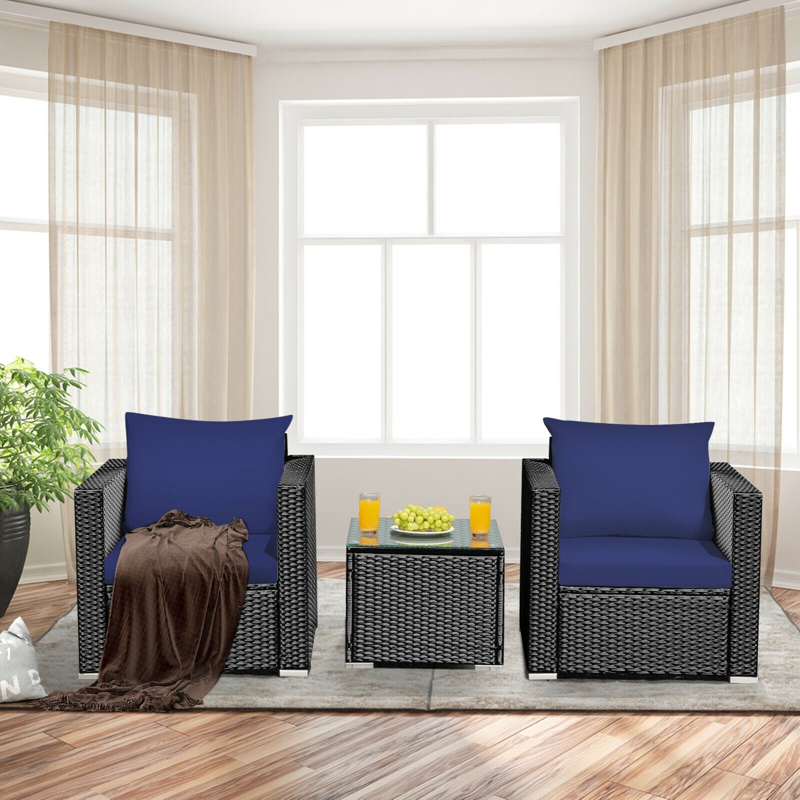 3 Pieces Patio Wicker Furniture Set with Cushion-Navy