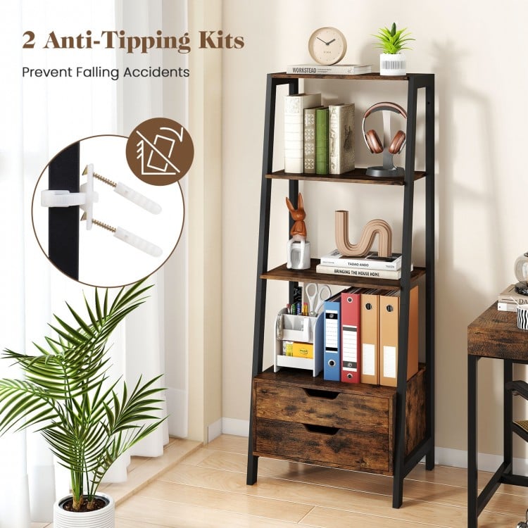 4-Tier Ladder Shelf with 2 Drawers 52.5 Inch Tall Freestanding Bookcase-Rustic Brown