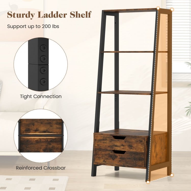 4-Tier Ladder Shelf with 2 Drawers 52.5 Inch Tall Freestanding Bookcase-Rustic Brown