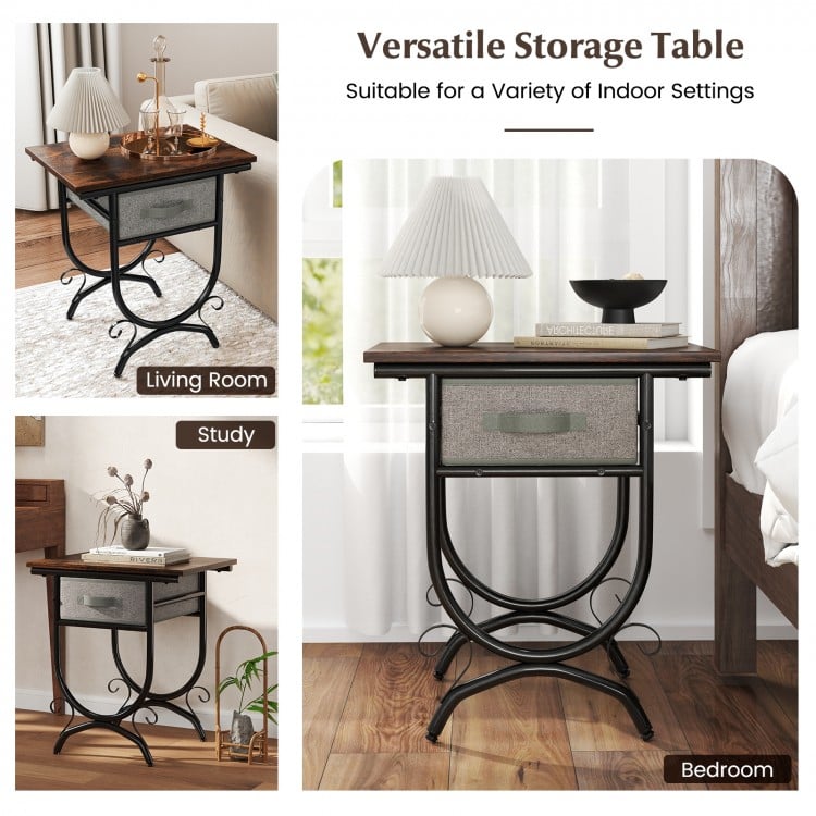 Side Table with Fabric Drawer and Carved Metal Frame for Living Room
