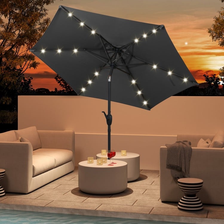 7.5 Feet Solar Powered Patio Umbrella with LED Lights and Crank Handle-Black