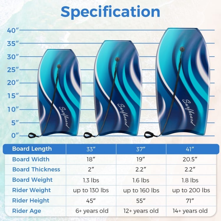 33/37/41 Inches Lightweight Body Board Boogie Board with EPS Core XPE Deck HDPE Bottom