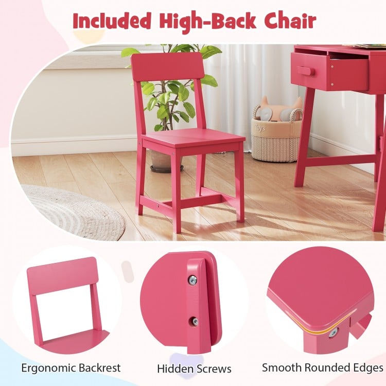 Kids Desk and Chair Set with Storage Drawer and Hutch-Pink