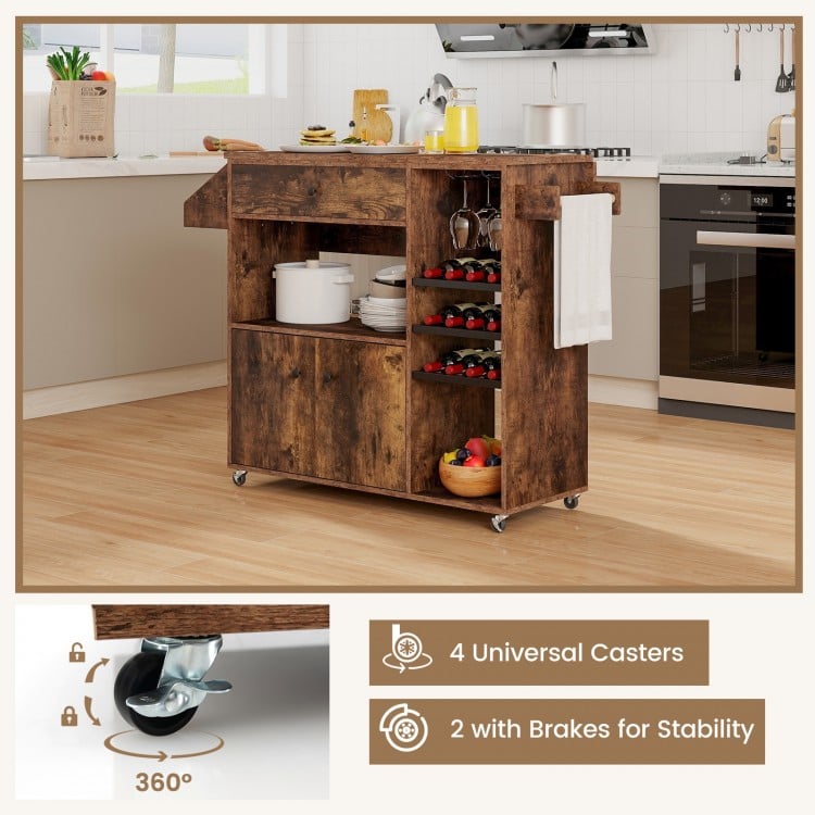 Drop Leaf Mobile Kitchen Island Cart with Power Outlet and Adjustable Shelf-Rustic Brown