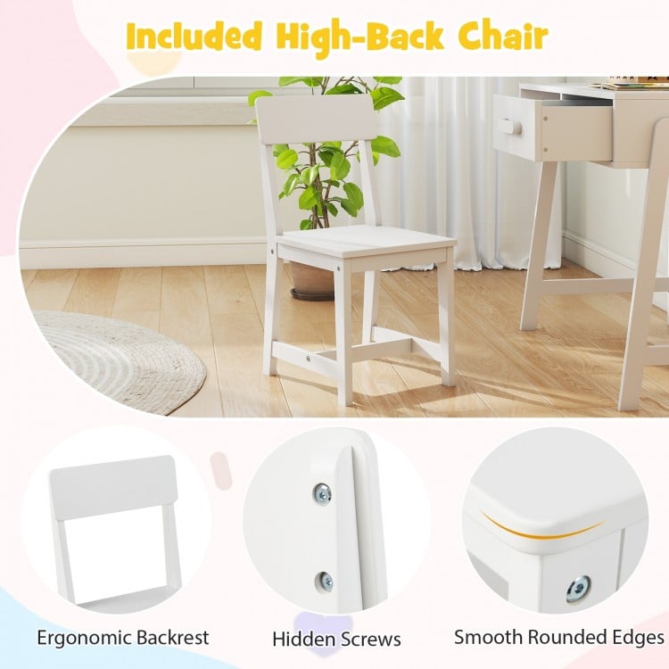 Kids Desk and Chair Set with Storage Drawer and Hutch-White