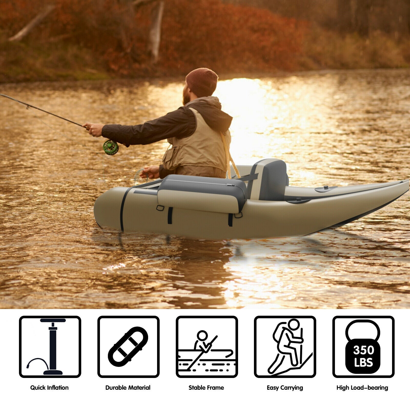 Inflatable Fishing Float Tube with Pump Storage Pockets and Fish Ruler-Beige