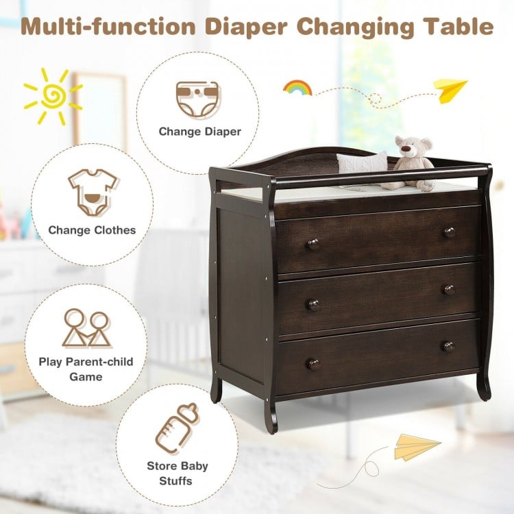Baby Changing Table Infant Diaper with 3 Drawers and Safety Belt-Brown
