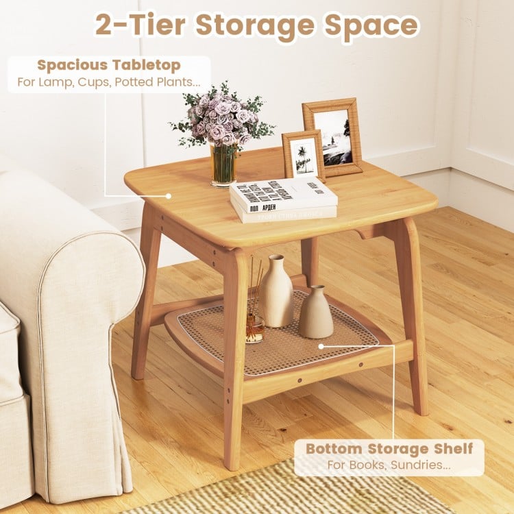 Boho Bamboo Sofa Side Table with Faux Rattan Storage Shelf-Natural
