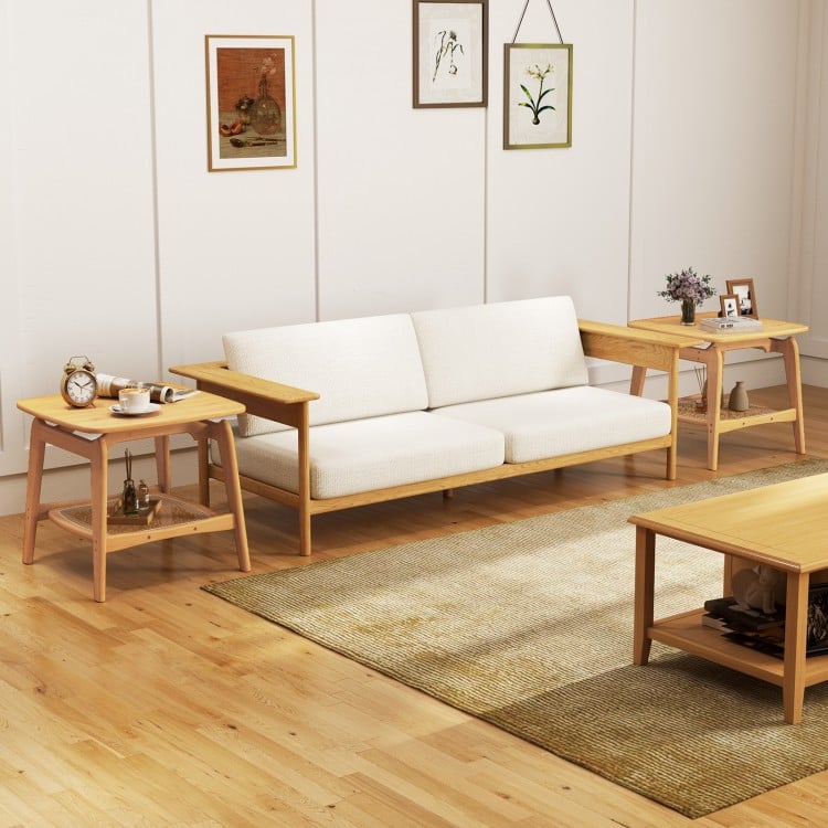 Boho Bamboo Sofa Side Table with Faux Rattan Storage Shelf-Natural