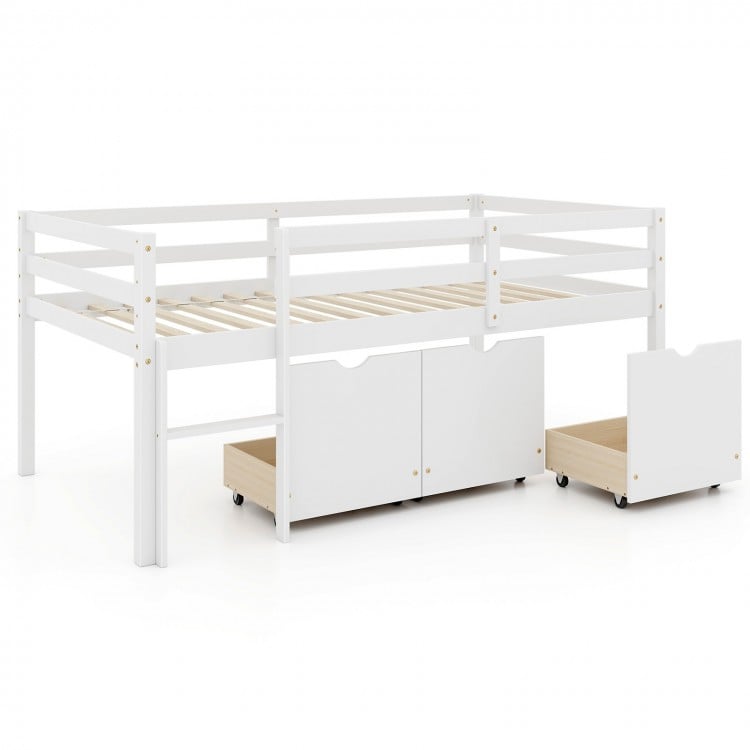 Twin Size Low Loft Bed with 3 Drawers with Ladder and Full-length Guardrails-White
