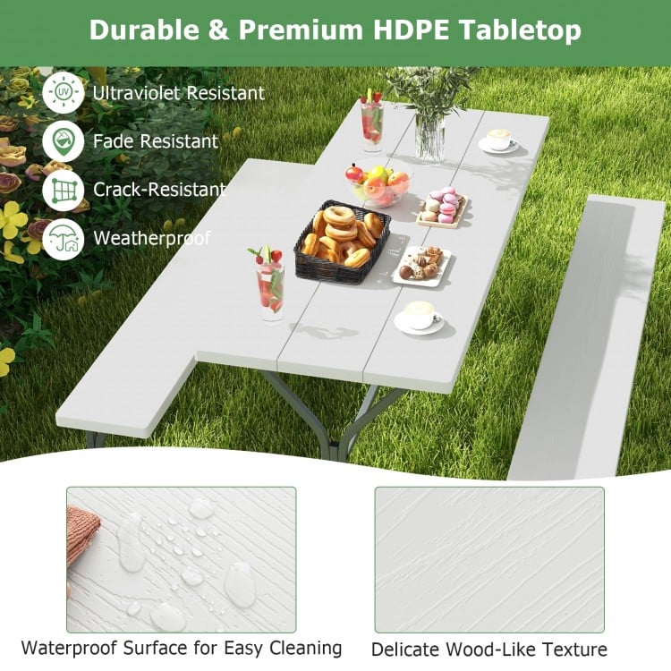 6 FT Picnic Table Bench Set Dining Table and 2 Benches with Metal Frame and HDPE Tabletop-White