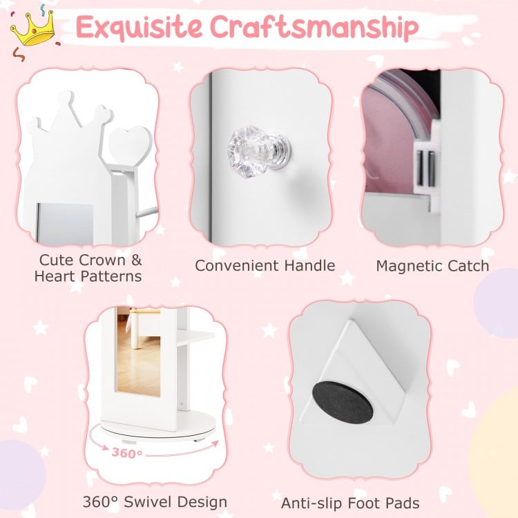 Kids Room Furniture Set Princess Vanity Table and Stool Set with Mirror and Drawer-White