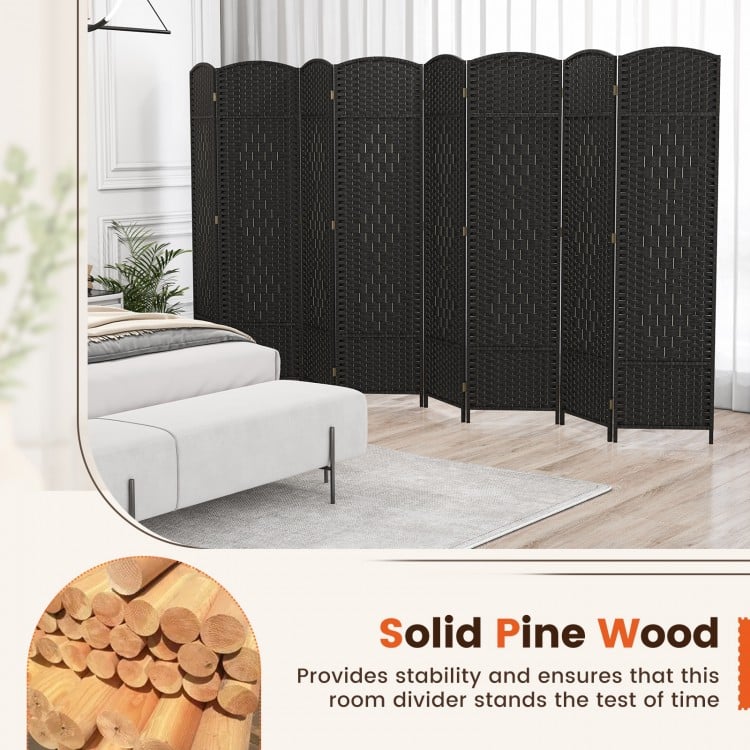 8-Panel Folding Room Divider with Hand-Woven Texture and Solid Wood Frame-Black