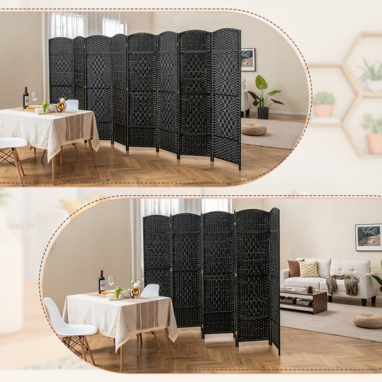 8-Panel Folding Room Divider with Hand-Woven Texture and Solid Wood Frame-Black