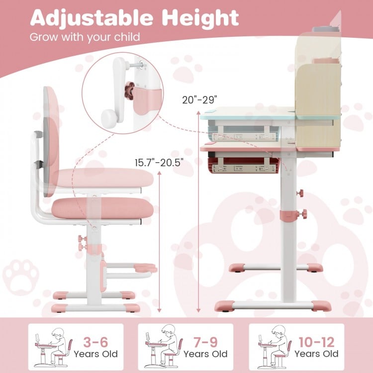 Height Adjustable Children School Home Study Table and Chair Set with Tilted Desktop for 3-12 Years Old-Pink