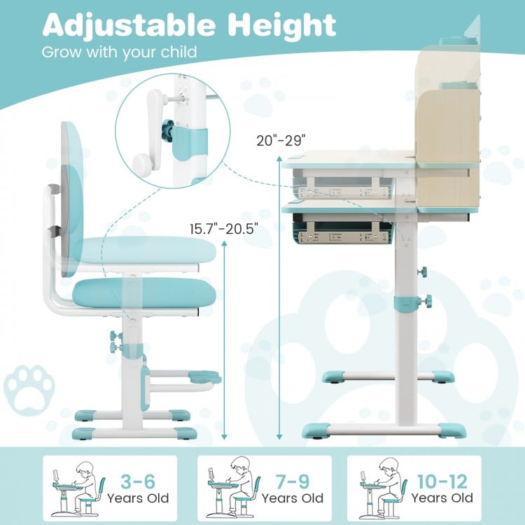 Height Adjustable Children School Home Study Table and Chair Set with Tilted Desktop for 3-12 Years Old-Blue