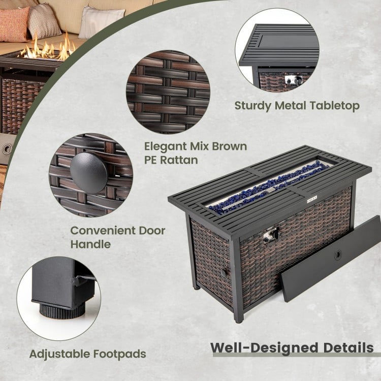 45 Inch Propane Rattan Firepit Table with Glass Stones and Protective Cover