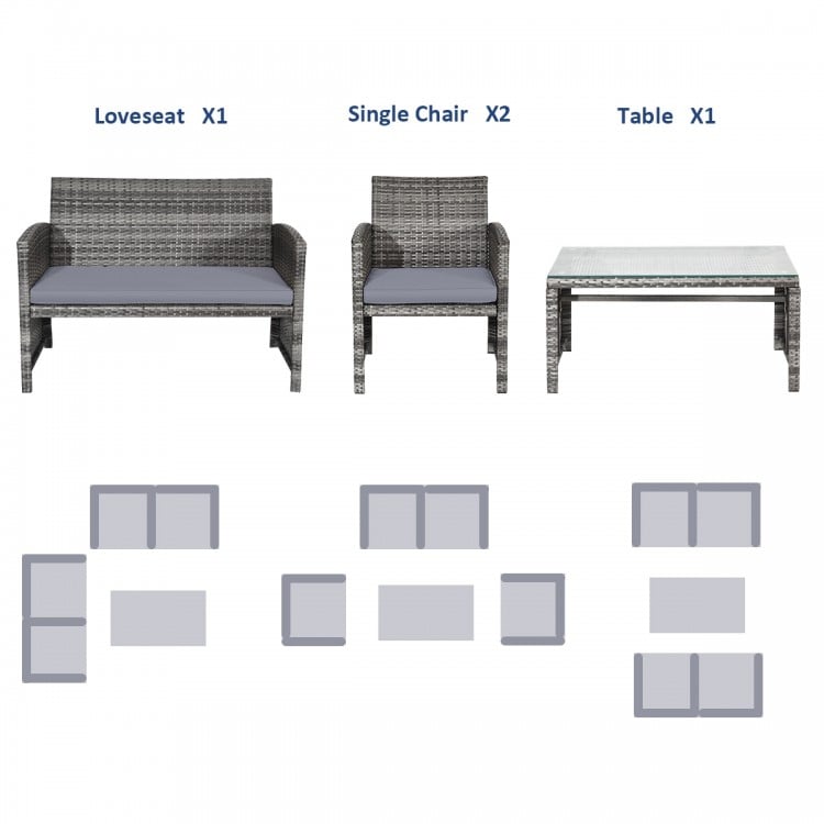 4 Pieces Patio Rattan Furniture Set with Glass Table and Loveseat-Gray