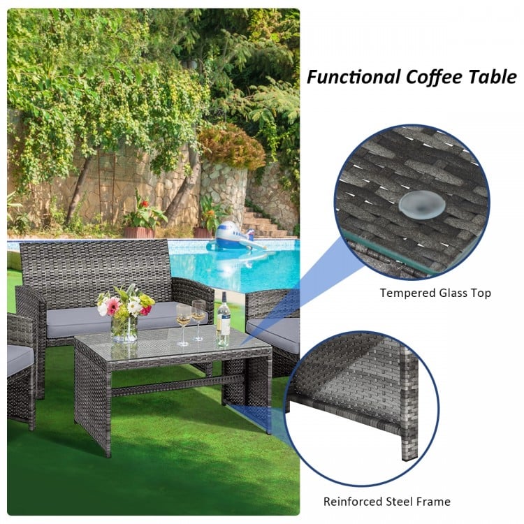 4 Pieces Patio Rattan Furniture Set with Glass Table and Loveseat-Gray