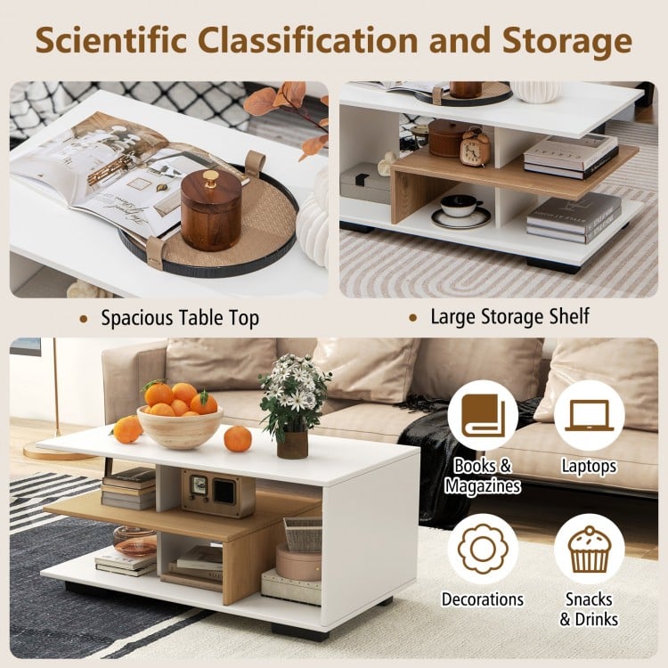 Rectangular Coffee Table with L-shaped Middle Shelf-White
