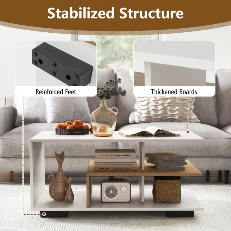Rectangular Coffee Table with L-shaped Middle Shelf-White