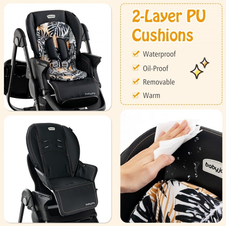 Multifunctional Folding Baby High Chair with Rolling Wheels and Adjustable Height-Black