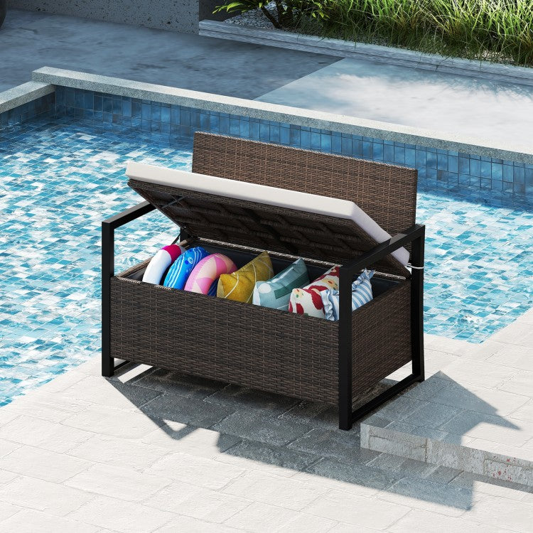 Patio Storage Bench – 2-Seat Outdoor Rattan Bench with 40 Gallon Storage & Cushion