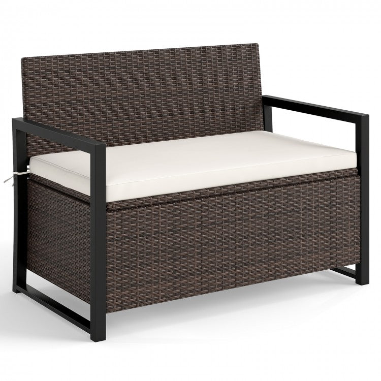Patio Storage Bench – 2-Seat Outdoor Rattan Bench with 40 Gallon Storage & Cushion