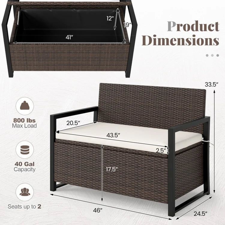 Patio Storage Bench – 2-Seat Outdoor Rattan Bench with 40 Gallon Storage & Cushion