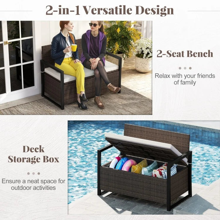 Patio Storage Bench – 2-Seat Outdoor Rattan Bench with 40 Gallon Storage & Cushion