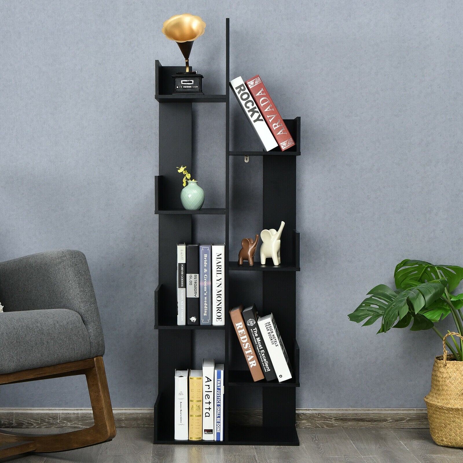 8-Tier Bookshelf Bookcase with 8 Open Compartments Space-Saving Storage Rack -Black