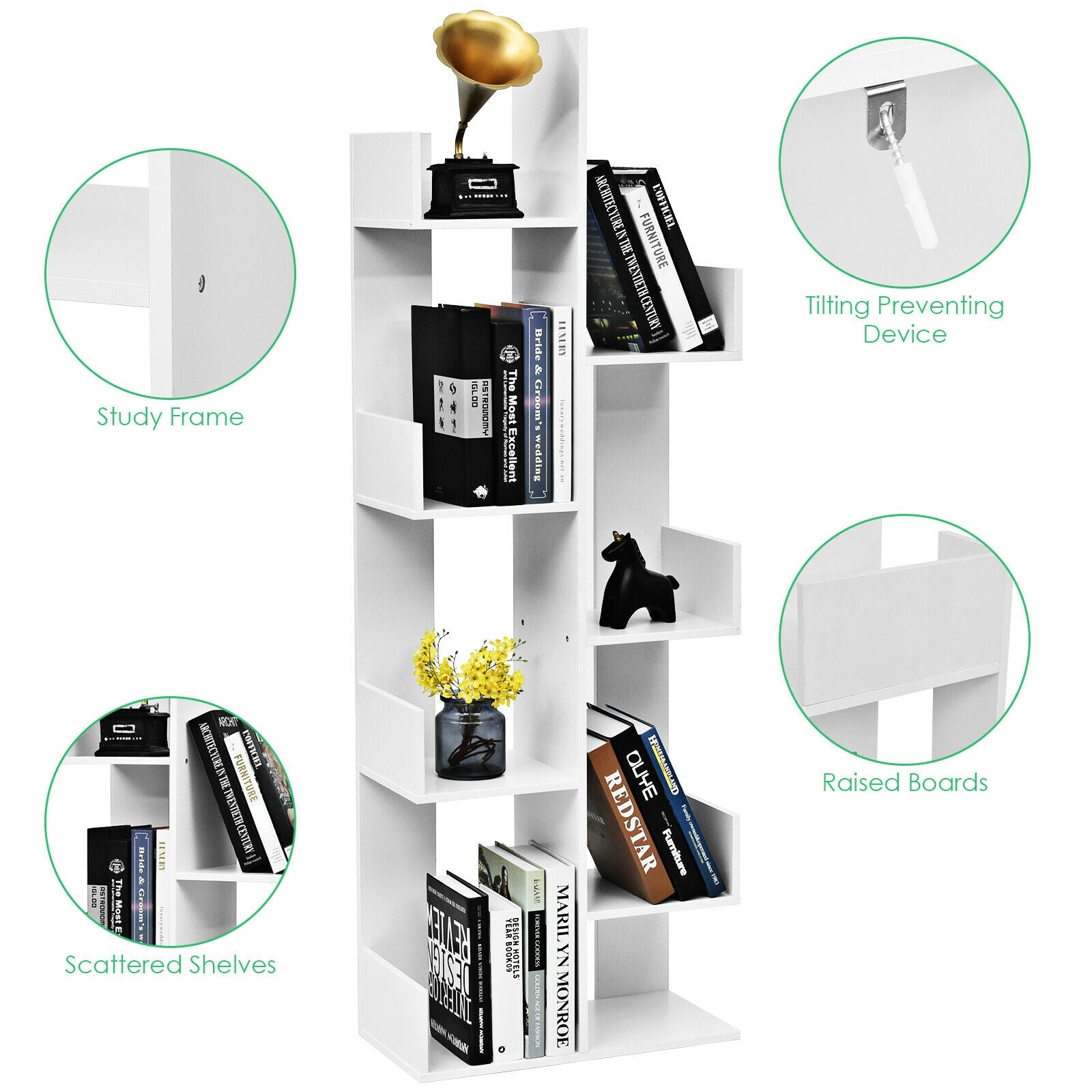 8-Tier Bookshelf Bookcase with 8 Open Compartments Space-Saving Storage Rack -White