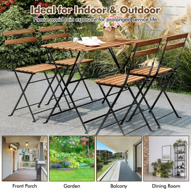 5 Piece Patio Acacia Wood Dining Set with 4 Folding Chairs-Brown