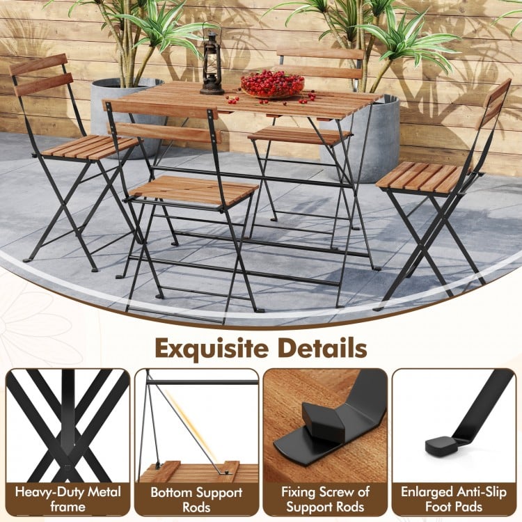 5 Piece Patio Acacia Wood Dining Set with 4 Folding Chairs-Brown