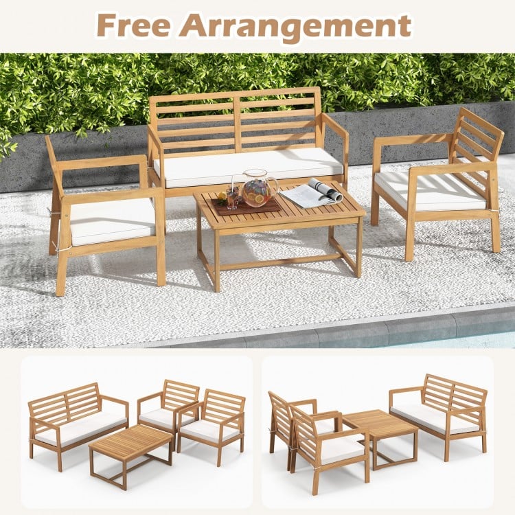 4 Piece Wood Patio Conversation Set with 2 Armchairs and Coffee Table-White