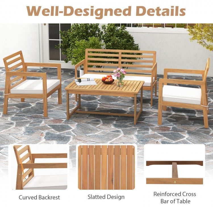 4 Piece Wood Patio Conversation Set with 2 Armchairs and Coffee Table-White
