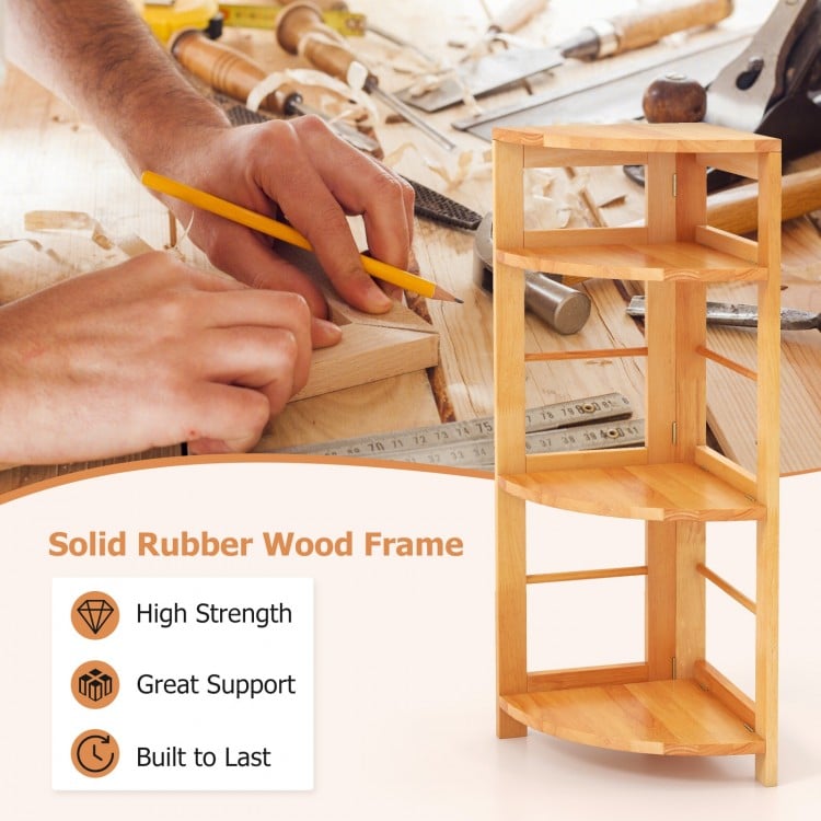 4-Tier Corner Shelf with Rubber Wood Frame and Anti-Toppling Kit