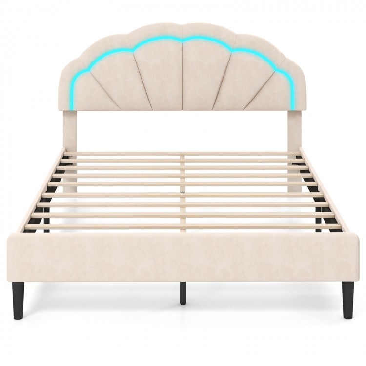 Upholstered LED Bed Frame with Adjustable Flower Headboard and Metal Support Feet-Queen Size
