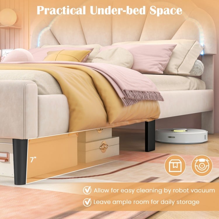 Upholstered LED Bed Frame with Adjustable Flower Headboard and Metal Support Feet-Queen Size