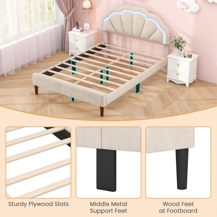 Upholstered LED Bed Frame with Adjustable Flower Headboard and Metal Support Feet-Queen Size