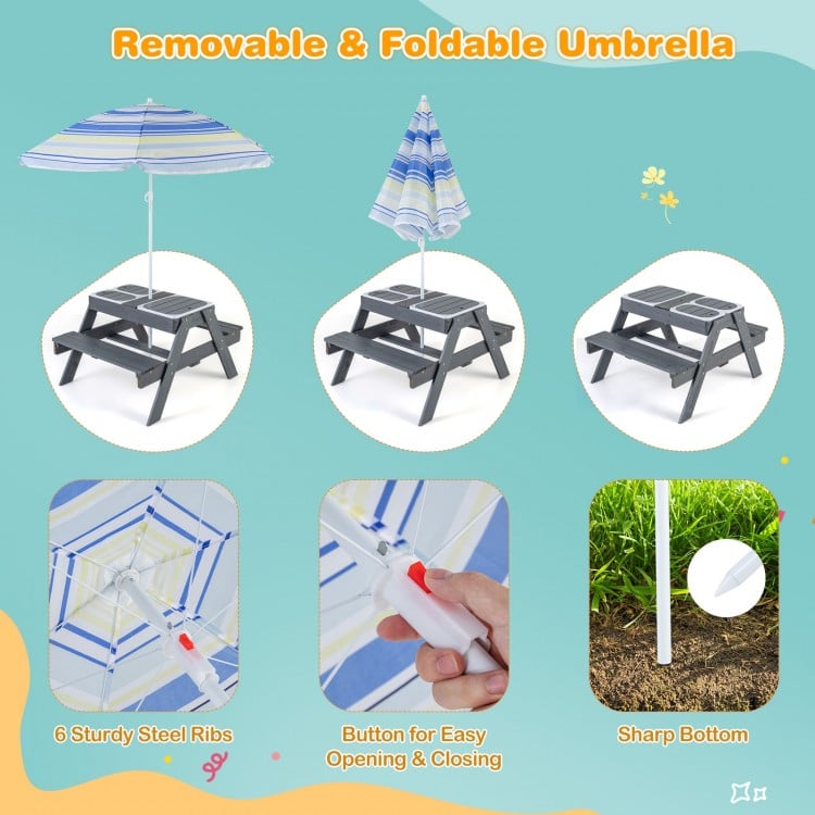 Kids Picnic Table Set with 3 Removable Bins-Gray