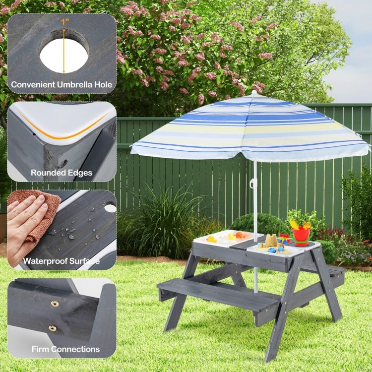 Kids Picnic Table Set with 3 Removable Bins-Gray