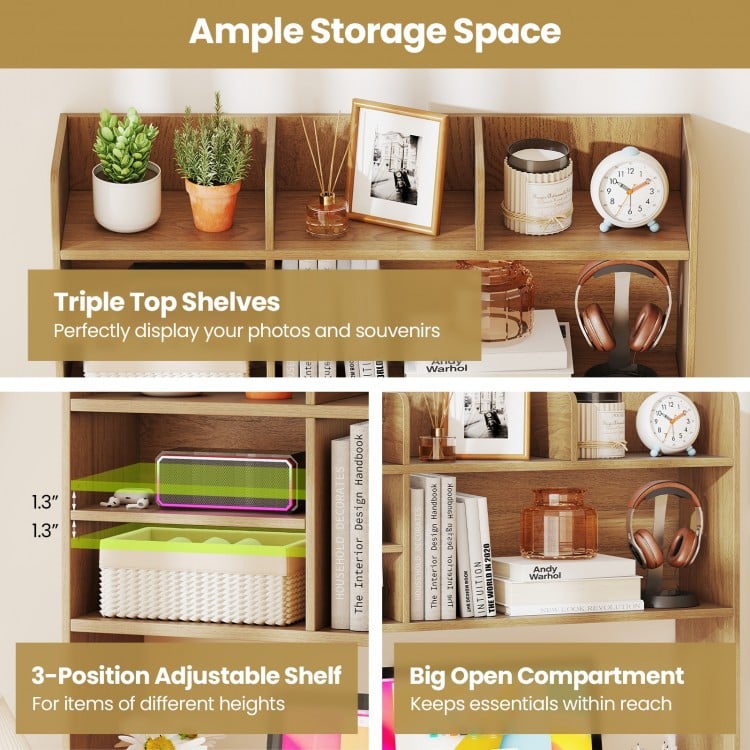 Desktop Bookshelf Countertop Storage Hutch with 6 Shelves-Natural