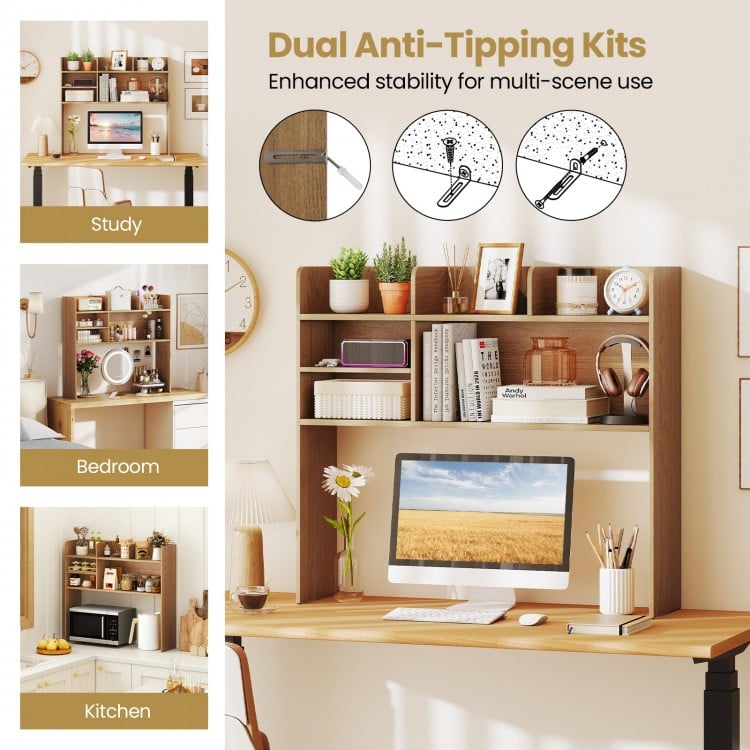 Desktop Bookshelf Countertop Storage Hutch with 6 Shelves-Natural