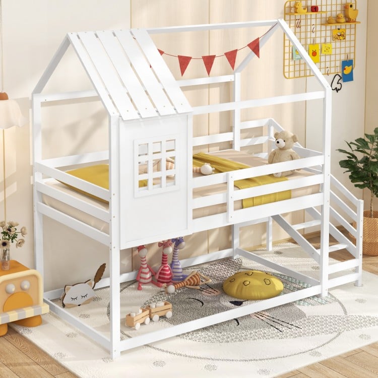 Twin House Bed with Stairs and Roof for Kids-White