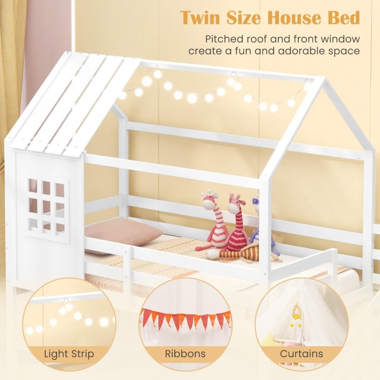 Twin House Bed with Stairs and Roof for Kids-White