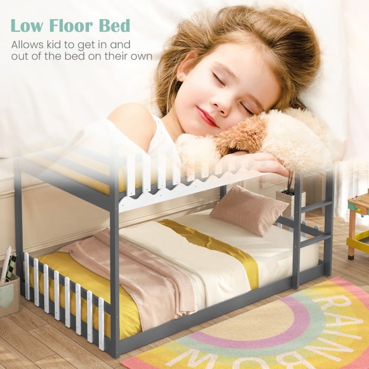 Twin Over Twin Bunk Bed with Fence and Ladder for Kids-Gray