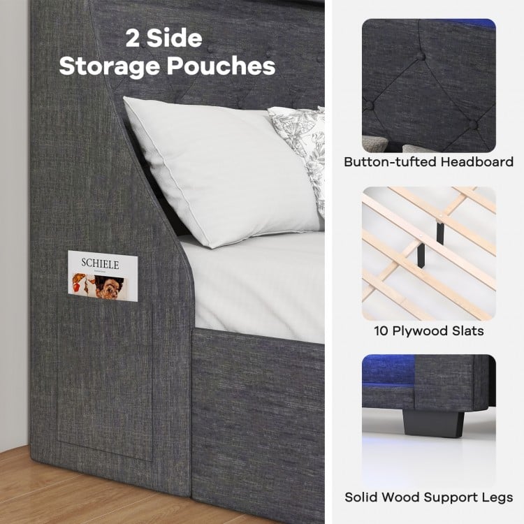 Full Size Bed Frame with LED Lights Wingback Headboard and Charging Station-Grey