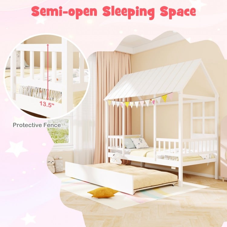 Twin Size House Bed with Trundle Kids Platform Bed with Roof Window-White